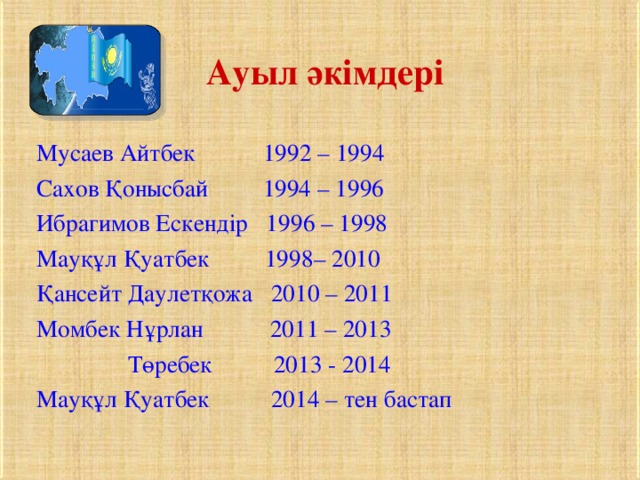 Ауыл әкімдері Мусаев Айтбек 1992 – 1994 Сахов Қонысбай 1994 – 1996 Ибрагимов Ескендір 1996 – 1998 Мауқұл Қуатбек 1998– 2010 Қансейт Даулетқожа 2010 – 2011 Момбек Нұрлан 2011 – 2013  Төребек 2013 - 2014 Мауқұл Қуатбек 2014 – тен бастап 