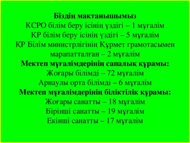Біздің мақтанышымыз КСРО білім беру ісінің үздігі – 1 мұғалім ҚР білім беру ісінің үздігі – 5 мұғалім ҚР Білім министрлігінің Құрмет грамотасымен марапатталған – 2 мұғалім Мектеп мұғалімдерінің сапалық құрамы: Жоғары білімді – 72 мұғалім Арнаулы орта білімді – 6 мұғалім Мектеп мұғалімдерінің біліктілік құрамы: Жоғары санатты – 18 мұғалім Бірінші санатты – 19 мұғалім Екінші санатты – 17 мұғалім 