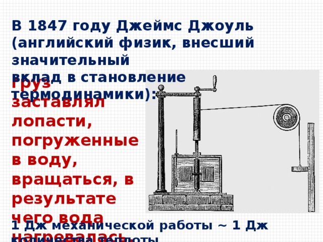 В 1847 году Джеймс Джоуль (английский физик, внесший значительный вклад в становление термодинамики): груз заставлял лопасти, погруженные в воду, вращаться, в результате чего вода нагревалась. 1 Дж механической работы ∼ 1 Дж количества теплоты 