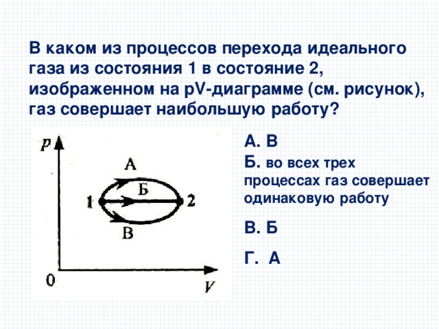 В каком из процессов перехода идеального газа из состояния 1 в состояние 2, изображенном на рV-диаграмме (см. рисунок), газ совершает наибольшую работу? А. В Б. во всех трех процессах газ совершает одинаковую работу В. Б Г. А 