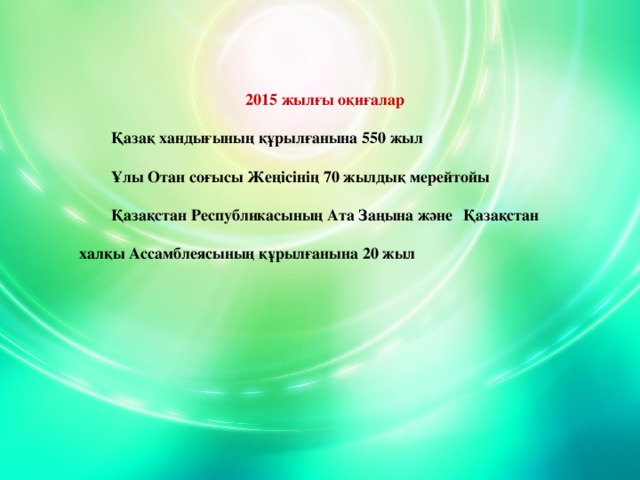 2015 жылғы оқиғалар  Қазақ хандығының құрылғанына 550 жыл  Ұлы Отан соғысы Жеңісінің 70 жылдық мерейтойы  Қазақстан Республикасының Ата Заңына және  Қазақстан халқы Ассамблеясының құрылғанына 20 жыл www.ZHARAR.com 