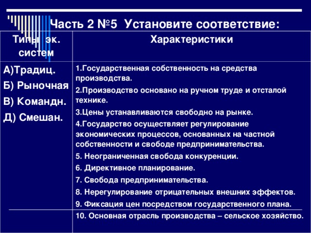 Часть 2 №5 Установите соответствие: Типы эк. систем Характеристики А)Традиц. Б) Рыночная В) Командн. Д) Смешан. 1.Государственная собственность на средства производства. 2.Производство основано на ручном труде и отсталой технике. 3.Цены устанавливаются свободно на рынке. 4.Государство осуществляет регулирование экономических процессов, основанных на частной собственности и свободе предпринимательства. 5. Неограниченная свобода конкуренции. 6. Директивное планирование. 7. Свобода предпринимательства. 8. Нерегулирование отрицательных внешних эффектов. 9. Фиксация цен посредством государственного плана. 10. Основная отрасль производства – сельское хозяйство.  