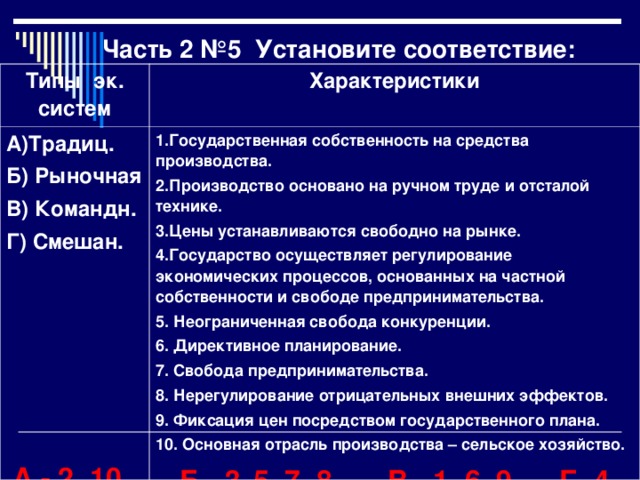 Часть 2 №5 Установите соответствие: Типы эк. систем Характеристики А)Традиц. Б) Рыночная В) Командн. Г) Смешан.       А - 2, 10. 1.Государственная собственность на средства производства. 2.Производство основано на ручном труде и отсталой технике. 3.Цены устанавливаются свободно на рынке. 4.Государство осуществляет регулирование экономических процессов, основанных на частной собственности и свободе предпринимательства. 5. Неограниченная свобода конкуренции. 6. Директивное планирование. 7. Свобода предпринимательства. 8. Нерегулирование отрицательных внешних эффектов. 9. Фиксация цен посредством государственного плана. 10. Основная отрасль производства – сельское хозяйство.  Б - 3 , 5, 7, 8. В - 1, 6, 9. Г- 4. 