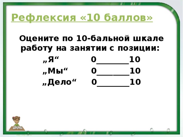 Прием 10. Рефлексия 10 баллов. Рефлексия шкала. Приём рефлексии десять баллов. Рефлексия по баллам.