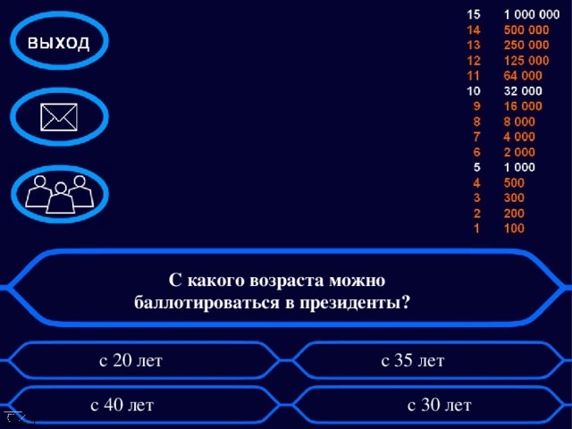 С какого возраста можно баллотироваться в президенты?   с 20 лет с 35 лет с 40 лет с 30 лет 