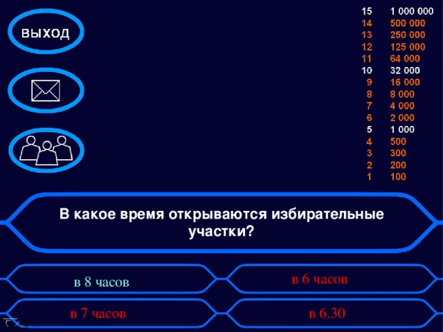 В какое время открываются избирательные участки?  в 6 часов   в 8 часов в 7 часов   в 6.30 