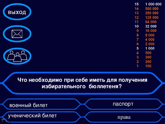 Что необходимо при себе иметь для получения избирательного  бюллетеня?  паспорт военный билет                ученический билет права 