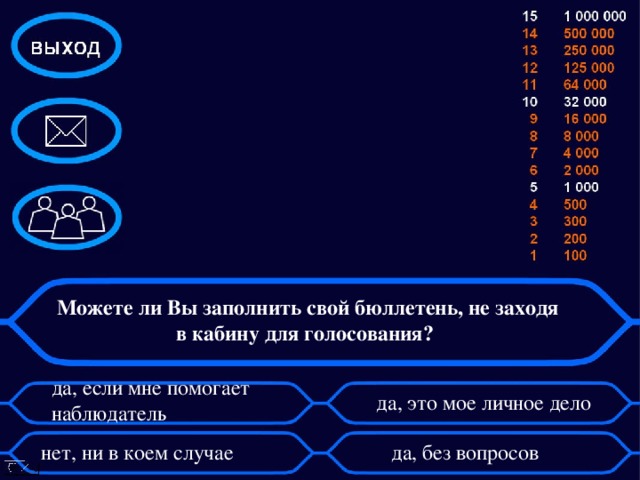 Можете ли Вы заполнить свой бюллетень, не заходя в кабину для голосования? да, если мне помогает наблюдатель да, это мое личное дело нет, ни в коем случае   да, без вопросов 