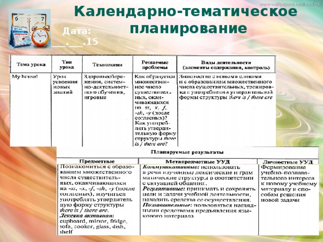 Календарно-тематическое планирование Дата: ___.___.15 