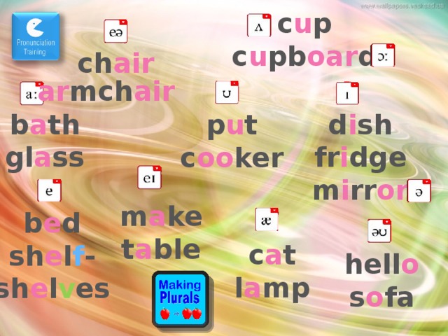 c u p c u pb oar d ch air ar mch air d i sh b a th gl a ss fr i dge m i rr or p u t c oo ker m a ke t a ble b e d sh e l f - sh e l v es Фонетическая разминка, повторение множественного числа существительных. c a t l a mp hell o s o fa  