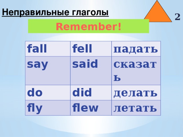Неправильные глаголы  2 Remember! fall fell say падать said do did сказать fly делать flew летать 