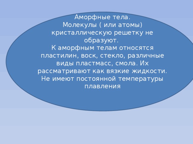 Аморфные тела. Молекулы ( или атомы) кристаллическую решетку не образуют. К аморфным телам относятся пластилин, воск, стекло, различные виды пластмасс, смола. Их рассматривают как вязкие жидкости. Не имеют постоянной температуры плавления 