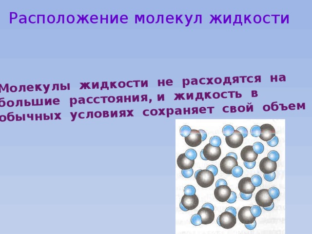 Молекулы жидкости не расходятся на большие расстояния, и жидкость в обычных условиях сохраняет свой объем Расположение молекул жидкости 