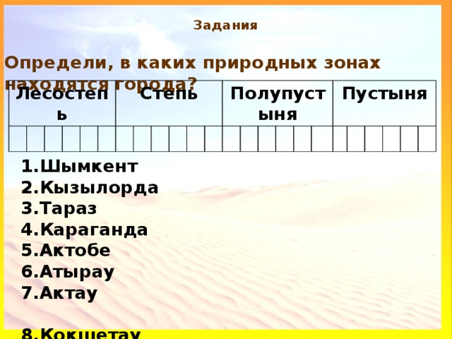 Заполните таблицу природные зоны казахстана. Разбор пустыни по плану.