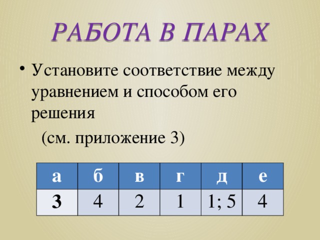 РАБОТА В ПАРАХ Установите соответствие между уравнением и способом его решения  (см. приложение 3) а 3 б в 4 г 2 д 1 1; 5 е 4 
