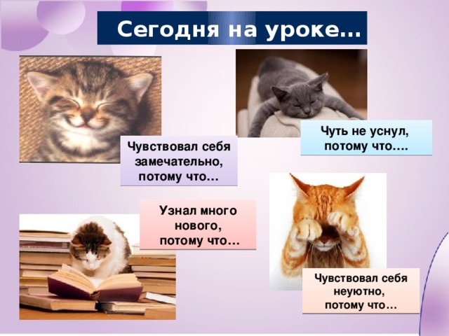 Сегодня на уроке… Чуть не уснул, потому что…. Чувствовал себя замечательно, потому что… Узнал много нового,  потому что… Чувствовал себя неуютно, потому что…