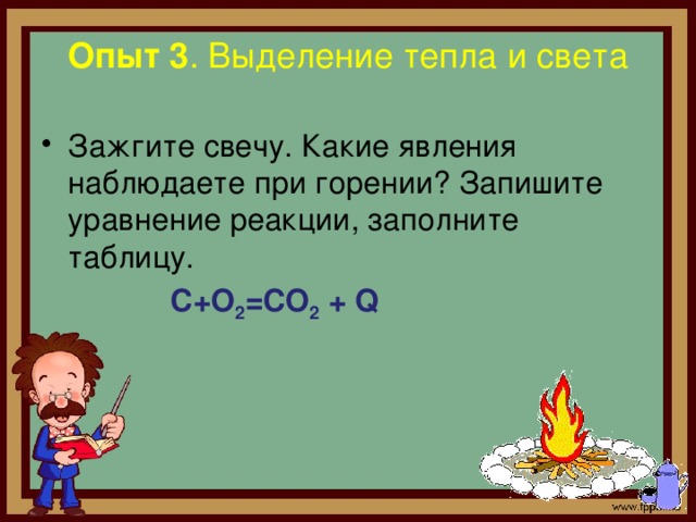 Опыт 3 . Выделение тепла и света   Зажгите свечу. Какие явления наблюдаете при горении? Запишите уравнение реакции, заполните таблицу.  С+О 2 =СО 2 + Q