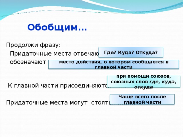 Обобщим… Продолжи фразу:  Придаточные места отвечают на вопросы….  обозначают ……….  К главной части присоединяются …. Придаточные места могут стоять………… Где? Куда? Откуда? место действия, о котором сообщается в главной части при помощи союзов, союзных слов где, куда, откуда Чаще всего после главной части 