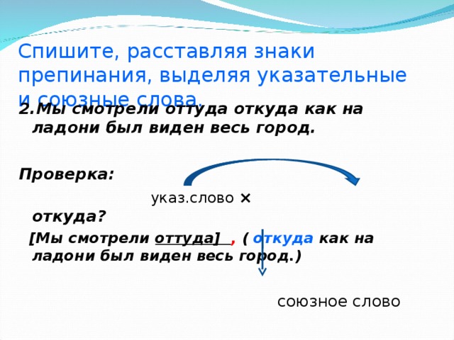 Спишите, расставляя знаки препинания, выделяя указательные и союзные слова. 2.Мы смотрели оттуда откуда как на ладони был виден весь город.  Проверка:   указ.слово × откуда?  [Мы смотрели оттуда] , ( откуда как на ладони был виден весь город.)  союзное слово 