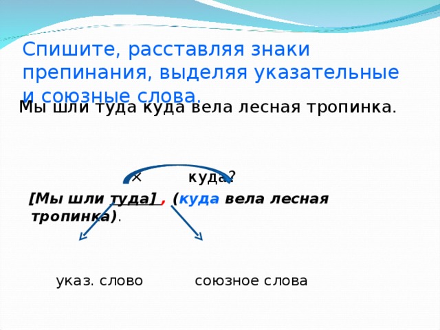 Спишите, расставляя знаки препинания, выделяя указательные и союзные слова. Мы шли туда куда вела лесная тропинка.  × куда?  [Мы шли туда] , ( куда вела лесная тропинка) .  указ. слово союзное слова 