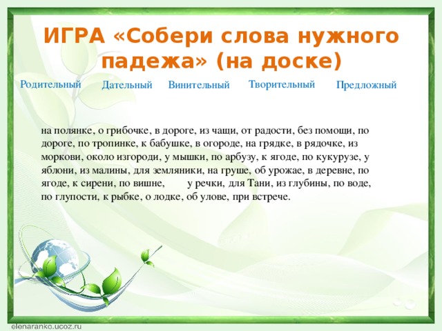 ИГРА «Собери слова нужного падежа» (на доске) Творительный Родительный Дательный Винительный  Предложный на полянке, о грибочке, в дороге, из чащи, от радости, без помощи, по дороге, по тропинке, к бабушке, в огороде, на грядке, в рядочке, из моркови, около изгороди, у мышки, по арбузу, к ягоде, по кукурузе, у яблони, из малины, для земляники, на груше, об урожае, в деревне, по ягоде, к сирени, по вишне,        у речки, для Тани, из глубины, по воде, по глупости, к рыбке, о лодке, об улове, при встрече.  