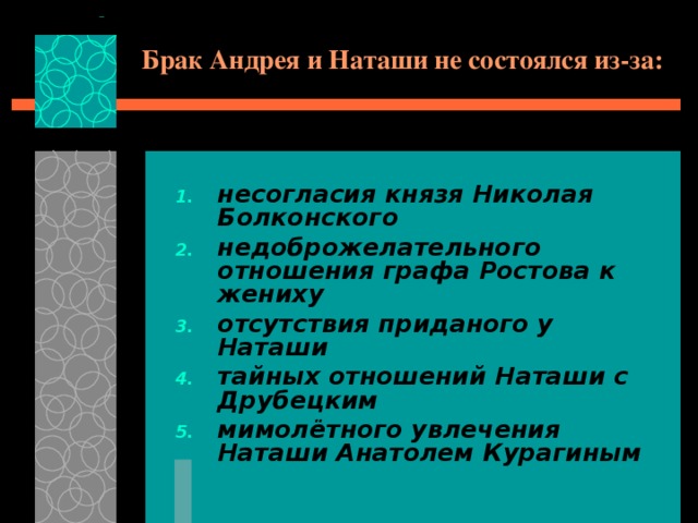 Брак Андрея и Наташи не состоялся из-за: несогласия князя Николая Болконского недоброжелательного отношения графа Ростова к жениху отсутствия приданого у Наташи тайных отношений Наташи с Друбецким мимолётного увлечения Наташи Анатолем Курагиным 