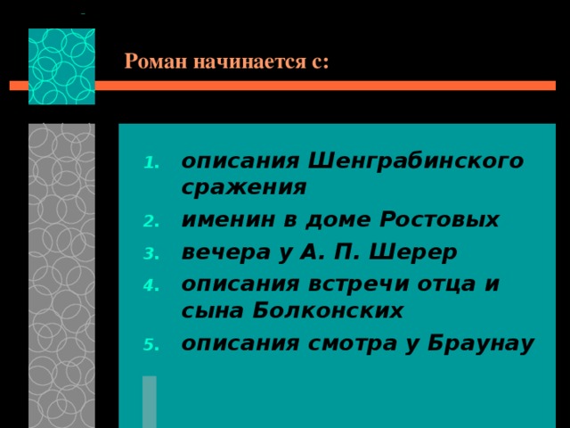 Роман начинается с: описания Шенграбинского сражения именин в доме Ростовых вечера у А. П. Шерер описания встречи отца и сына Болконских описания смотра у Браунау 