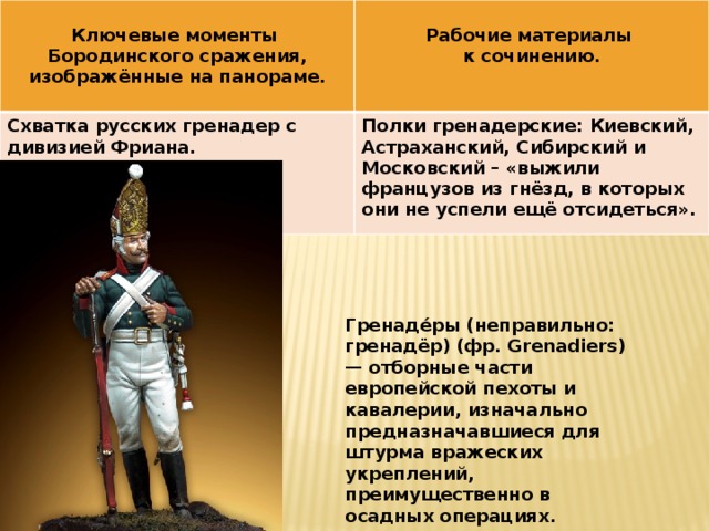  Ключевые моменты  Схватка русских гренадер с дивизией Фриана. Бородинского сражения, изображённые на панораме. Рабочие материалы Полки гренадерские: Киевский, Астраханский, Сибирский и Московский – «выжили французов из гнёзд, в которых они не успели ещё отсидеться».  к сочинению.  Гренаде́ры (неправильно: гренадёр) (фр. Grenadiers) — отборные части европейской пехоты и кавалерии, изначально предназначавшиеся для штурма вражеских укреплений, преимущественно в осадных операциях. 