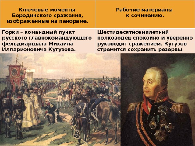  Ключевые моменты  Горки – командный пункт русского главнокомандующего фельдмаршала Михаила Илларионовича Кутузова. Бородинского сражения, изображённые на панораме. Рабочие материалы Шестидесятисемилетний полководец спокойно и уверенно руководит сражением. Кутузов стремится сохранить резервы. к сочинению. 
