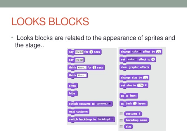LOOKS BLOCKS  Looks blocks are related to the appearance of sprites and the stage.. 