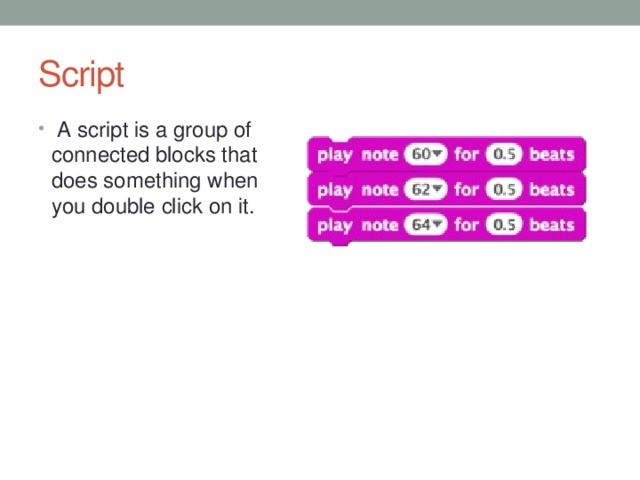 Script  A script is a group of connected blocks that does something when you double click on it. 