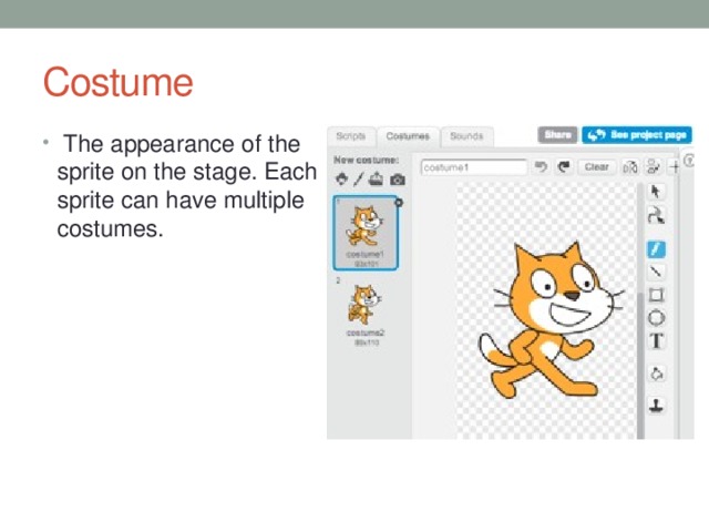 Costume  The appearance of the sprite on the stage. Each sprite can have multiple costumes. 