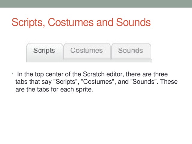 Scripts, Costumes and Sounds  In the top center of the Scratch editor, there are three tabs that say 