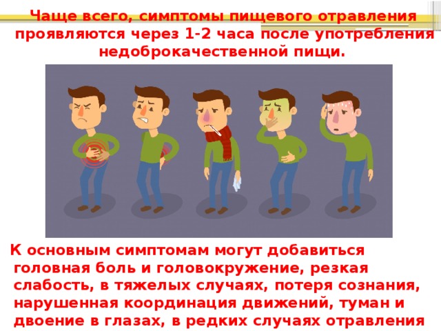 Чаще всего, симптомы пищевого отравления проявляются через 1-2 часа после употребления недоброкачественной пищи. К основным симптомам могут добавиться головная боль и головокружение, резкая слабость, в тяжелых случаях, потеря сознания, нарушенная координация движений, туман и двоение в глазах, в редких случаях отравления появляются бред, тахикардия, асфиксия. 