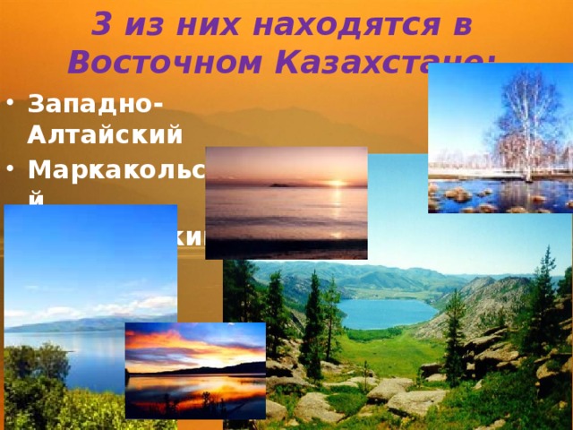 3 из них находятся в Восточном Казахстане: Западно-Алтайский Маркакольский Алакольский   
