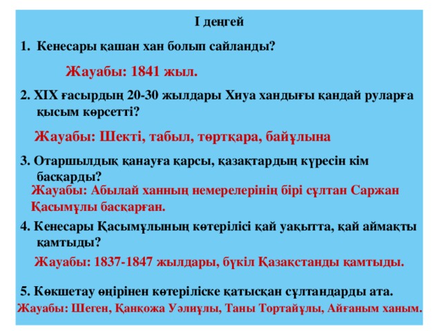 I деңгей Кенесары қашан хан болып сайланды?  2. XIX ғасырдың 20-30 жылдары Хиуа хандығы қандай руларға қысым көрсетті?  3. Отаршылдық қанауға қарсы, қазақтардың күресін кім басқарды?  4. Кенесары Қасымұлының көтерілісі қай уақытта, қай аймақты қамтыды?  5. Көкшетау өңірінен көтеріліске қатысқан сұлтандарды ата.  Жауабы: 1841 жыл. Жауабы: Шекті, табыл, төртқара, байұлына Жауабы: Абылай ханның немерелерінің бірі сұлтан Саржан Қасымұлы басқарған. Жауабы: 1837-1847 жылдары, бүкіл Қазақстанды қамтыды. Жауабы: Шеген, Қанқожа Уәлиұлы, Таны Тортайұлы, Айғаным ханым. 