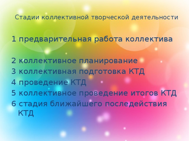 Этап технологии коллективно творческой деятельности. Стадии КТД. Ближайшее последействие КТД. Этап последействия КТД. Формы КТД.