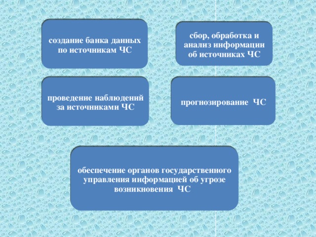 создание банка данных по источникам ЧС сбор, обработка и анализ информации об источниках ЧС проведение наблюдений за источниками ЧС прогнозирование ЧС обеспечение органов государственного управления информацией об угрозе возникновения ЧС 