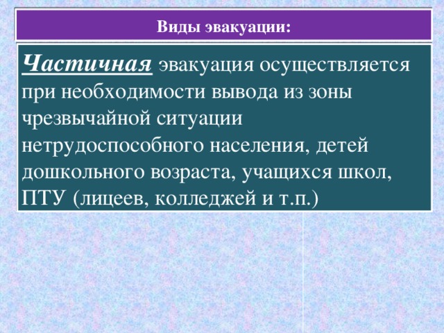 Осуществляет вывод. Вывод из зоны ЧС нетрудоспособного населения детей. Частичная эвакуация это. Частичная эвакуации осуществляется при. Частичная эвакуация осуществляется выводом из зоны ЧС.