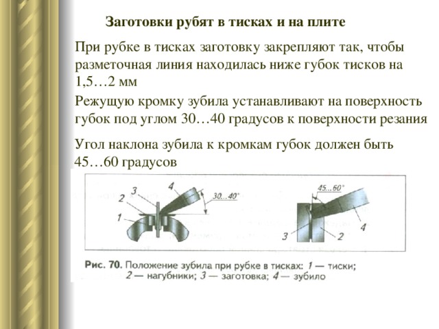 Заготовки рубят в тисках и на плите При рубке в тисках заготовку закрепляют так, чтобы разметочная линия находилась ниже губок тисков на 1,5…2 мм Режущую кромку зубила устанавливают на поверхность губок под углом 30…40 градусов к поверхности резания Угол наклона зубила к кромкам губок должен быть 45…60 градусов 