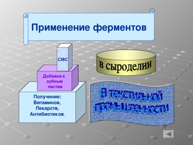 Применение ферментов СМС   Добавки к зубным  пастам  Получение: Витаминов, Лекарств, Антибиотиков .   