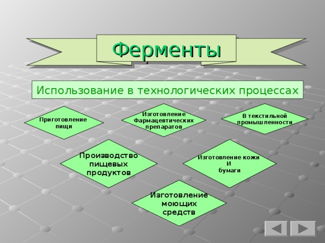 Ферменты Использование в технологических процессах Изготовление Фармацевтических препаратов В текстильной промышленности Приготовление пищи Производство пищевых продуктов Изготовление кожи И бумаги Изготовление моющих средств  