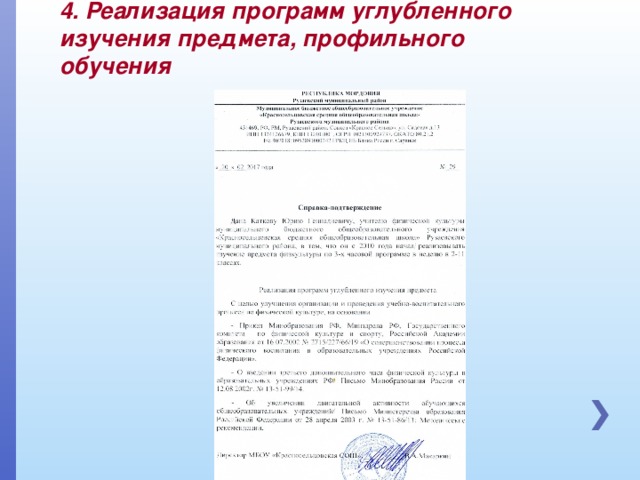 4. Реализация программ углубленного изучения предмета, профильного обучения