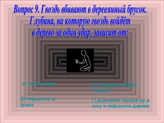 А) силы удара Б) площади острия гвоздя В) твёрдости дерева Г) давления гвоздя на доску и твёрдости дерева 