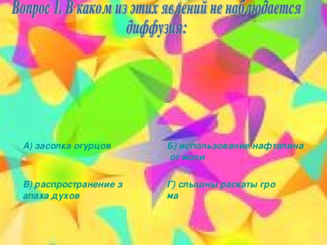 А) засолка огурцов Б) использование нафталина от моли В) распространение запаха духов Г) слышны раскаты грома 