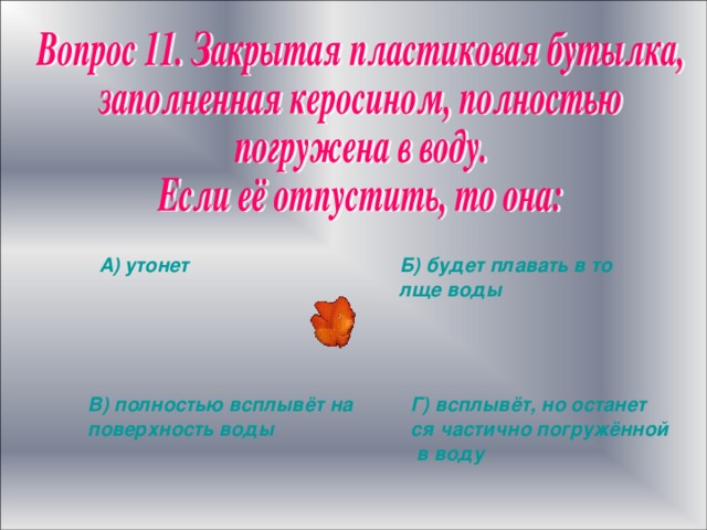 А) утонет Б) будет плавать в толще воды В) полностью всплывёт на поверхность воды Г) всплывёт, но останется частично погружённой в воду 