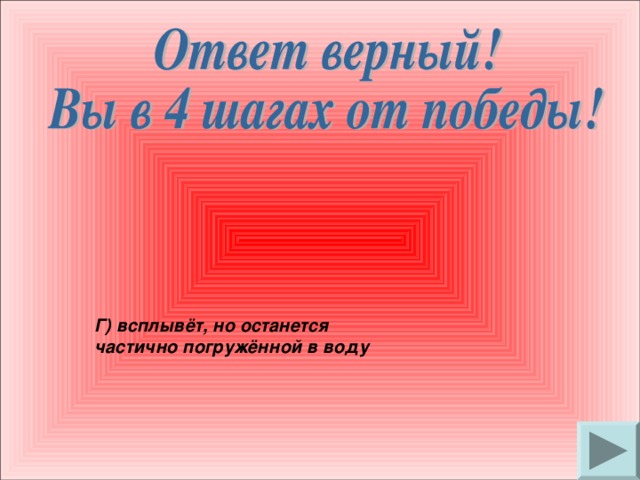 Г) всплывёт, но останется частично погружённой в воду 