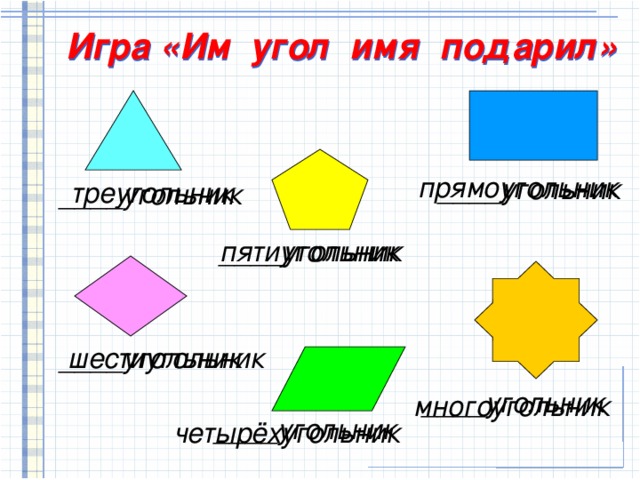 Игра «Им угол имя подарил» прямоугольник ____угольник треугольник ____угольник ____угольник пятиугольник шестиугольник ____угольник ____угольник многоугольник ____угольник четырёхугольник 