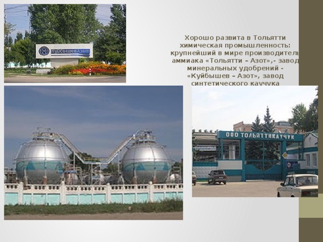 Химическая отрасль   Хорошо развита в Тольятти химическая промышленность: крупнейший в мире производитель аммиака «Тольятти – Азот»,- завод минеральных удобрений - «Куйбышев – Азот», завод синтетического каучука «Тольяттикаучук»       