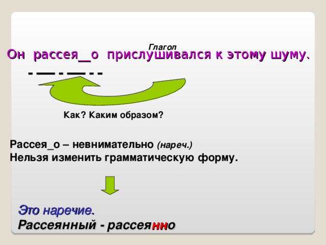 Он рассея__о прислушивался к этому шуму. Глагол Как? Каким образом? Рассея_о – невнимательно  (нареч.) Нельзя изменить грамматическую форму. Это наречие.  Рассеянный - рассея нн о  